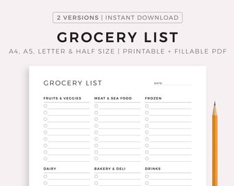 Grocery List Printable Template, Grocery Planner, Food Shopping List, A4/A5/Letter/Half Size, Instant Download PDF