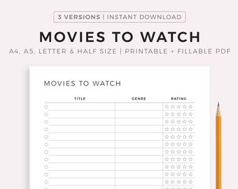 Movies to Watch List Printable, Movie Planner, Movie Tracker, Film Journal, A4/A5/Letter/Half Size, Instant Download PDF