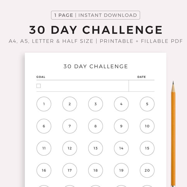 30 Day Challenge, Goal Setting, Progress Tracker, Habit Forming, A4/A5/Letter/Half, Printable & Fillable PDF, Horizontal, Digital Download