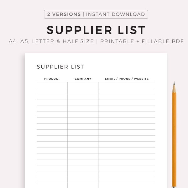 Supplier List Printable, Supplier Information Log, Supplies Vendor Contacts, Small Business Planner, A4/A5/Letter/Half, Instant Download