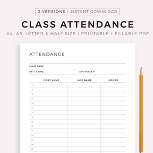 Class Attedance Sheet - Fitness Instructors, Yoga Teacher, Pilates Teacher, Ect...  A4/A5/Letter/Half, Printable & Fillable Template PDF