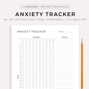 Plantilla imprimible de seguimiento de ansiedad, registro diario de ansiedad, atención de salud mental, tamaño A4/A5/Carta/Media página, descarga instantánea en PDF