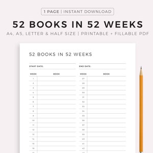 Desafío de leer 52 libros en 52 semanas, Registro de lectura, Lista de libros para leer, Diario de lectura, Tamaño A4/A5/Carta/Media página, Descarga instantánea en PDF