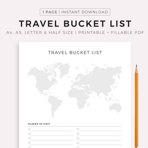 Lista de deseos de viaje imprimible, lista de deseos de viaje, lista de cosas por hacer, viajes de ensueño, lista de deseos de viaje, A4/Carta, descarga instantánea en PDF