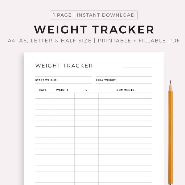 Simple Weight Tracker Printable, Weight Log Template, Weight Loss Planner, Weight Record Sheet, A4/A5/Letter/Half, Instant Download PDF