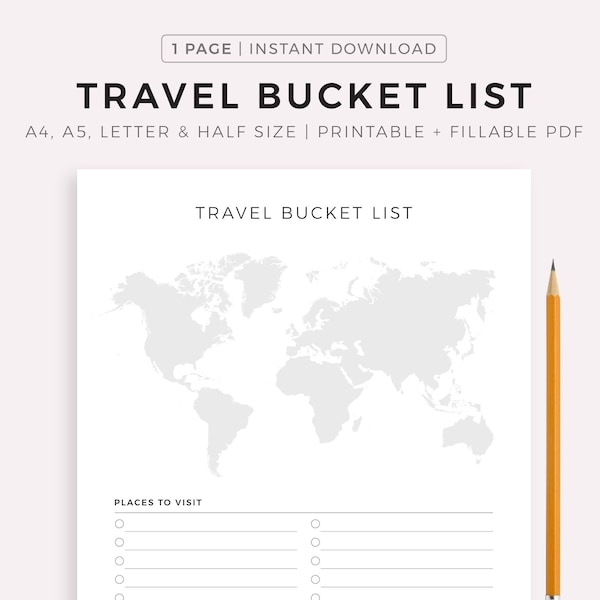 Travel Bucket List Printable, Wanderlust List, Travel To Do List, Dream Trips, Travel Wishlist, A4/Letter, Instant Download PDF