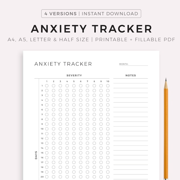 Anxiety Tracker Printable Template, Track Daily Anxiety Levels, Anxiety Log, Mental Health Care, A4/A5/Letter/Half, Instant Download PDF