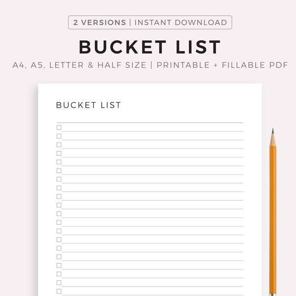 Bucket Lust, Planificateur d’objectifs de vie, Plan de liste de choses à faire, PDF imprimable et remplissable A4 / A5 / Lettre / Demi-taille, Téléchargement instantané