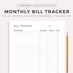 Monthly Bill Tracker Printable, Bill Payment Checklist, Bill Organizer, Finance Planner A4/A5/Letter/Half Size, Instant Download PDF
