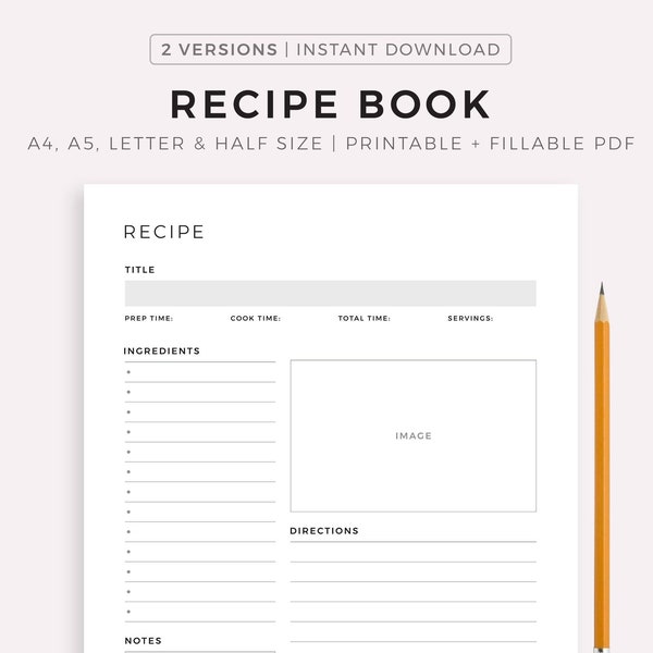 Recipe Book Template Printable, Blank Recipe Page, Cook Book Journal, Recipe Card, Recipe Planner, A4/A5/Letter/Half, Instant Download