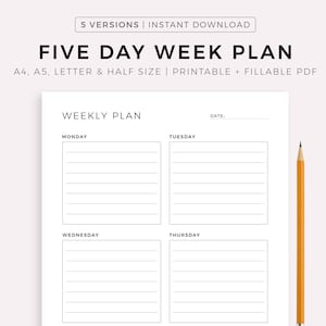 Five Day Weekly Planner Printable, Student Planner, Desk Organizer, Weekly Schedule, Weekly Agenda, Work Planner, A4/A5/Letter/Half