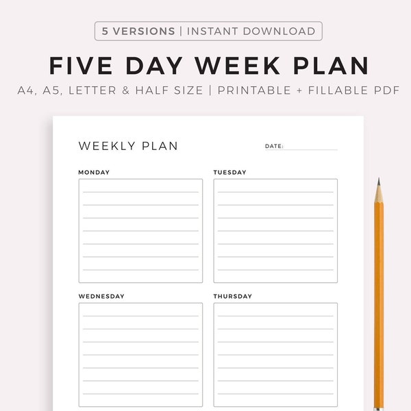 Planificador semanal de cinco días imprimible, planificador de estudiantes, organizador de escritorio, horario semanal, agenda semanal, planificador de trabajo, A4/A5 / carta / mitad