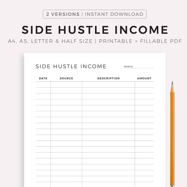 Side Hustle Income Printable Template, Passive Income Stream Tracker, Small Business Income Sheet, A4/A5/Letter/Half, Instant Download PDF