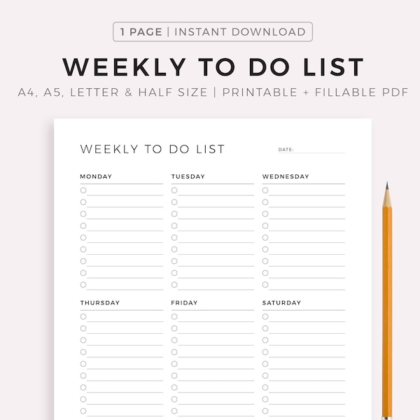 Weekly To Do List Printable, Weekly Task List Template, Weekly Planner, Productivity Planner, A4/A5/Letter/Half, Instant Download PDF