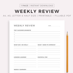 Revisión semanal, Reflexión semanal, Evaluación semanal, Resumen semanal, Plantilla imprimible, A4/A5/Carta/Media página, Descarga instantánea en PDF