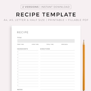 Plantilla de receta imprimible, libro de recetas, página de recetas en blanco, tarjeta de recetas, diario de cocina casero, organizador de recetas, tamaño A4/A5/carta/medio