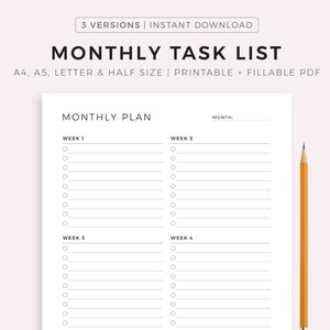 Lista de tareas mensuales, planificación mensual imprimible, plantilla de lista de tareas pendientes, tamaño A4/A5/Carta/Media página, descarga instantánea en PDF