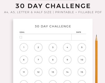 30 Day Challenge, Goal Setting, Progress Tracker, Habit Forming, A4/A5/Letter/Half, Printable & Fillable PDF, Horizontal, Digital Download