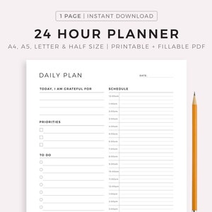 24 Hour Daily Planner Printable, Daily To Do List for Work / Personal Life, Productivity Planner, Everyday Planner, Daily Schedule