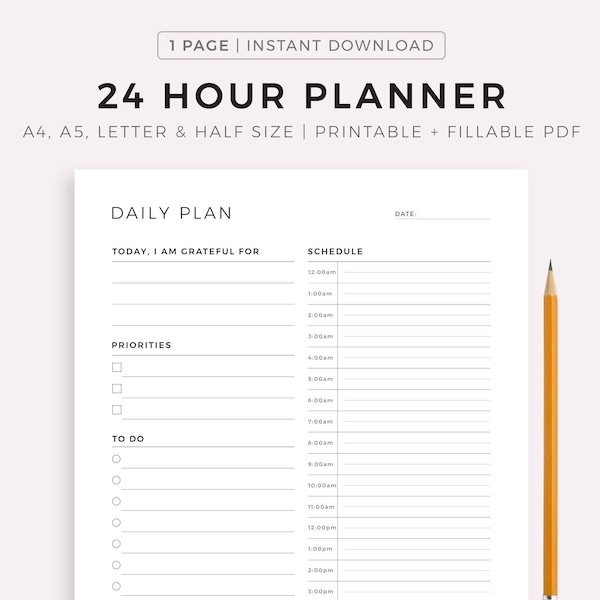 24 Hour Daily Planner Printable, Daily To Do List for Work / Personal Life, Productivity Planner, Everyday Planner, Daily Schedule