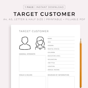 Target Customer Template Printable, Consumer Profile Worksheet, Ideal Target Audience, Customer Persona, A4/A5/Letter/Half, Instant Download