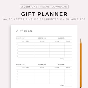 Planificador de regalos imprimible, ideas de regalos, seguimiento de regalos, lista de compras de regalos, tamaño A4/A5/carta/medio, imprimible y rellenable