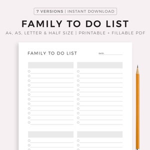 Plantilla imprimible de lista de tareas familiares, tareas para miembros de la familia, organizador familiar tamaño A4/A5/carta/medio