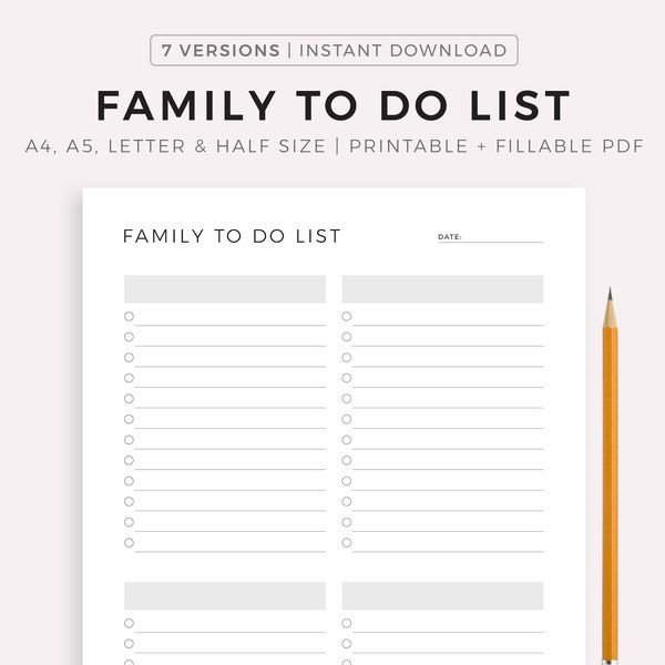 Family To Do List Printable Template, Tasks for Family Members, Family Productivity Planner, Family Organizer A4/A5/Letter/Half Size