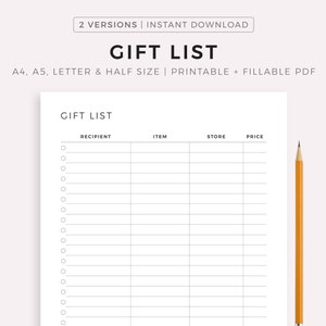 Planificador de lista de regalos imprimible, ideas de regalos, seguimiento de regalos, lista de compras de regalos, tamaño A4/A5/carta/medio, imprimible y rellenable