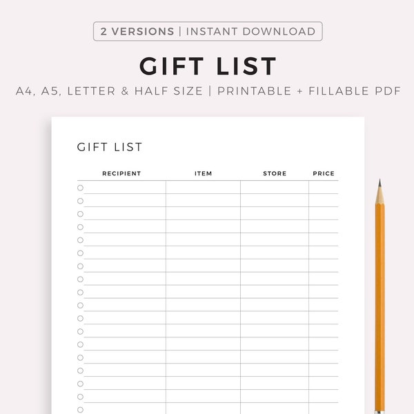 Simple Gift List Planner Printable, Gift Ideas, Gift Tracker, Gift Shopping List, A4/A5/Letter/Half Size, Printable & Fillable