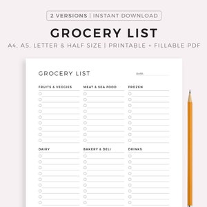 Grocery List Printable Template, Grocery Planner, Food Shopping List, A4/A5/Letter/Half Size, Instant Download PDF