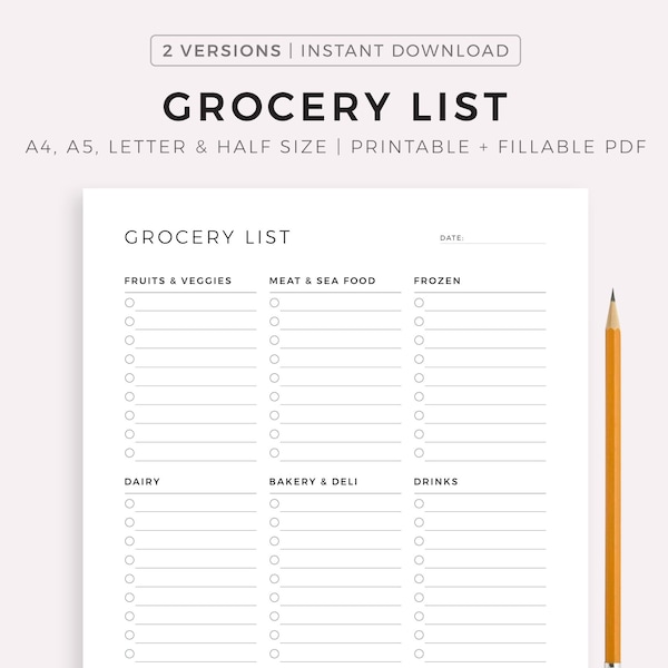 Grocery List Printable Template, Grocery Planner, Food Shopping List, A4/A5/Letter/Half Size, Instant Download PDF