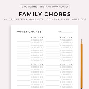 Tareas familiares semanales imprimibles, responsabilidades del hogar para 4 a 6 personas, tareas semanales del hogar, tamaño A4/A5/carta/media página, descarga instantánea
