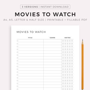 Movies to Watch List Printable, Movie Planner, Movie Tracker, Film Journal, A4/A5/Letter/Half Size, Instant Download PDF