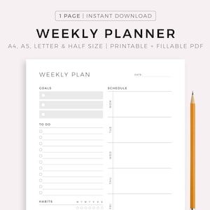 Weekly Planner Printable, Weekly Goal Planner, Weekly To Do List, Weekly Habit Tracker, Weekly Agenda & Organizer, A4/A5/Letter/Half Letter