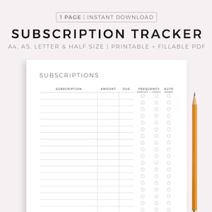 Subscription Tracker Printable, Membership Checklist, Expense Tracker, Budget Template, A4/A5/Letter/Half Size, Instant Download PDF
