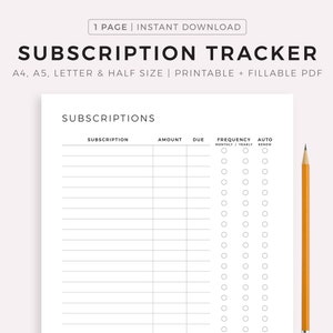 Subscription Tracker Printable, Membership Checklist, Expense Tracker, Budget Template, A4/A5/Letter/Half Size, Instant Download PDF