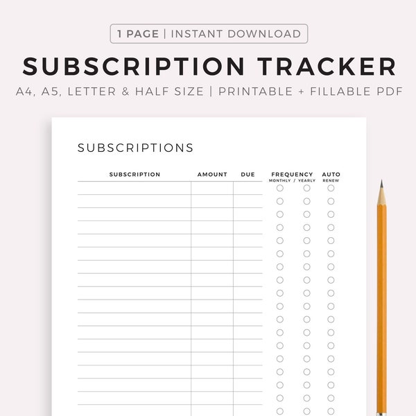 Abonnement-Tracker zum Ausdrucken, Mitglieder-Checkliste, Ausgaben-Tracker, Budget-Vorlage, A4/A5/Letter/halbe Größe, Sofortiger Download PDF