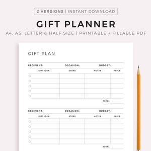 Planificador de regalos imprimible, ideas de regalos, lista de compras, rastreador de regalos, tamaño A4/A5/carta/medio PDF imprimible y rellenable