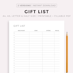 Planificador de lista de regalos imprimible, ideas de regalos, rastreador de regalos, lista de compras de regalos, tamaño A4/A5/carta/medio, imprimible y rellenable