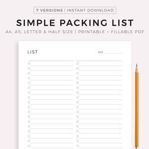Lista de verificação de embalagem simples para férias, viagem de trabalho, faculdade, mudança, casamento, etc. A4/A5/Carta/Meio tamanho, download instantâneo em PDF