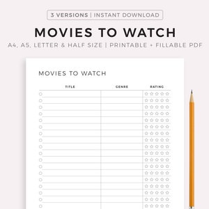 Lista de películas para ver imprimible, planificador de películas, registro de películas, diario de cine, tamaño A4/A5/carta/medio PDF, descarga instantánea