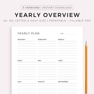 Yearly Overview, Printable Yearly Planner on One Page, Year At a Glance, Undated Minimalist Planner, A4/A5/Letter/Half, Instant Download PDF