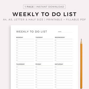 Weekly To Do List Printable, Weekly Task List Template, Weekly Planner, A4/A5/Letter/Half, Instant Download PDF