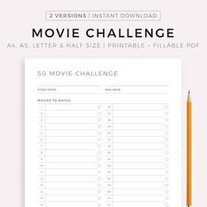 Movie Challenge Printable, Movies to Watch, Bucket List, Movie Tracker, Film Journal, A4/A5/Letter/Half Size, Instant Download PDF