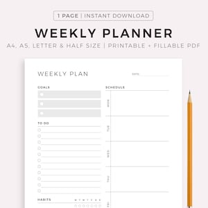 Weekly Planner Printable, Weekly Goal Planner, Weekly To Do List, Weekly Habit Tracker, Weekly Agenda & Organizer, A4/A5/Letter/Half Letter