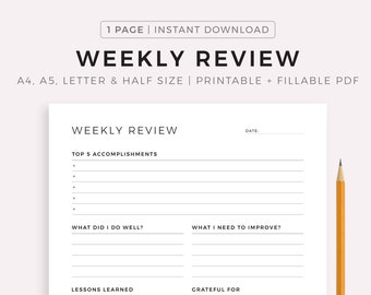 Weekly Review, Weekly Reflection, Weekly Evaluation, Weekly Summary, Printable Insert Template, A4/A5/Letter/Half, Instant Download PDF