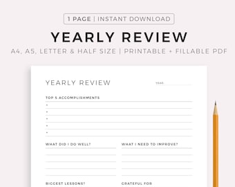 Yearly Review, Yearly Reflection, Annual Review, Yearly Goals Review, A4/A5/Letter/Half, Printable Insert Template, Instant Download PDF