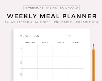 Planificación semanal de comidas imprimible, planificador de menú de 7 días, planificador de preparación de comidas, planificador de alimentos, salud y estado físico, A4 / A5 / carta / tamaño medio