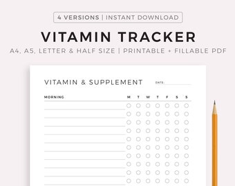 Daily Vitamin Tracker Printable, Supplement Checklist, Vitamin İntake Reminder, Fitness and Health Planner, A4/A5/Letter/Half Size